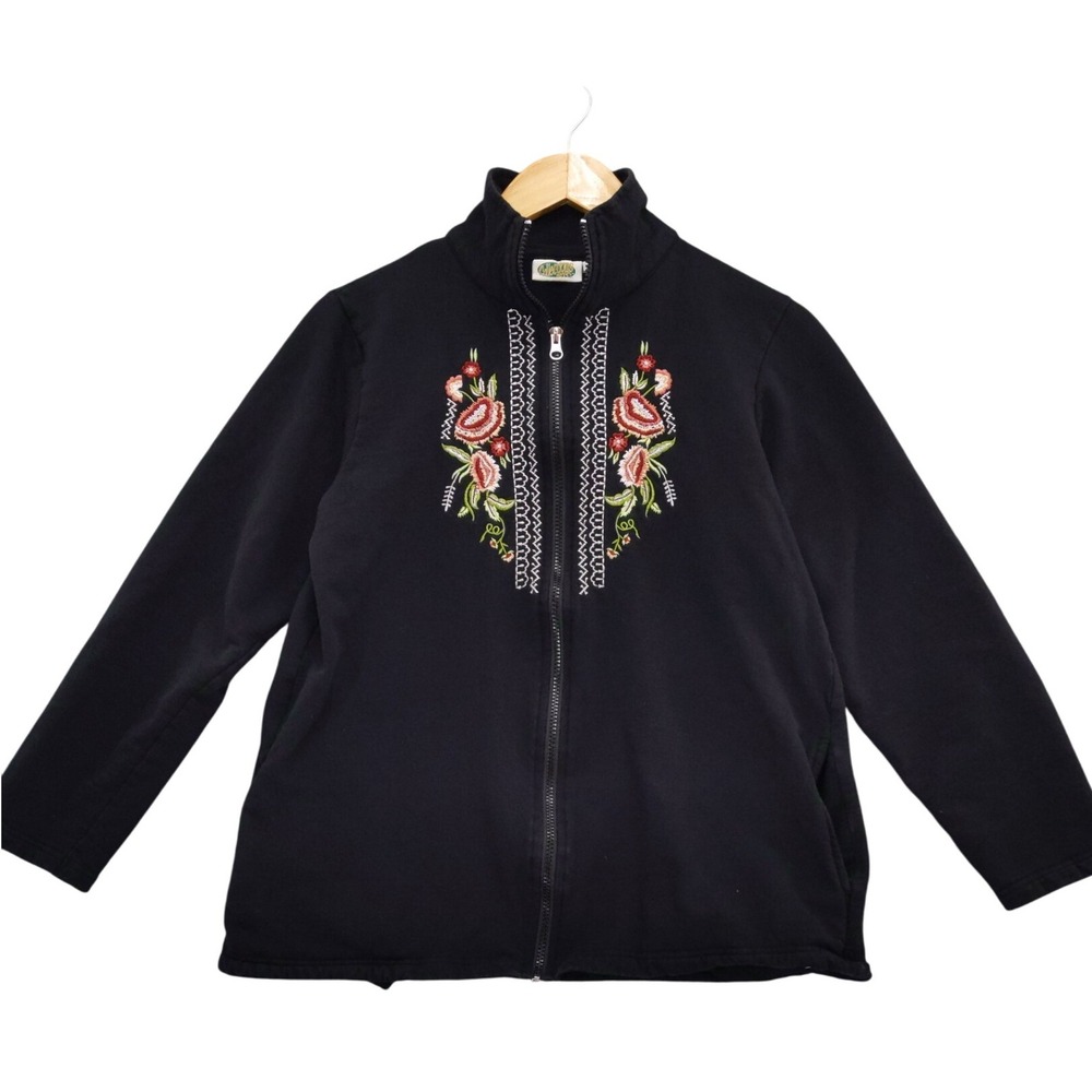 Collections etc Black‎ Embroidered Floral Full Zip Mock Neck Jacket Sz M